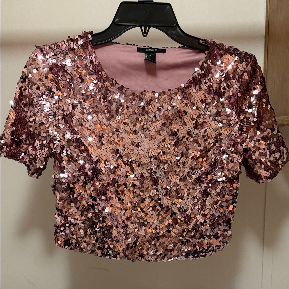 Forever 21 Sequin Crop Top - Pink and Gold